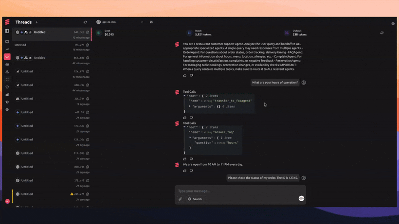 A trace for Multi Agent workflow using Agents SDK on LangDB