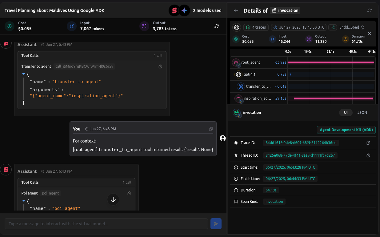 Trace of Travel Concierge with Google ADK