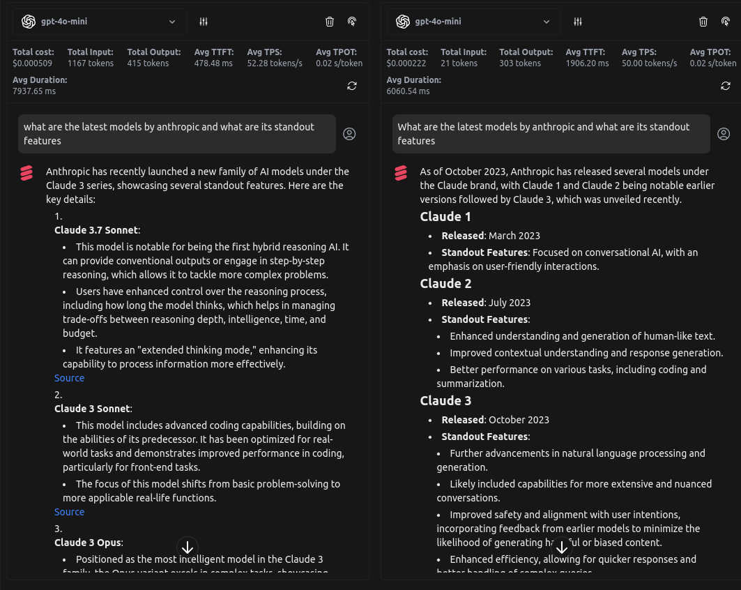 Comparing scenarios with search enabled and off on LangDB Playground